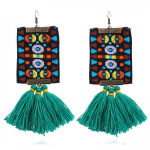 Vintage boho ethnic style embroidery thread green tassel earring for women