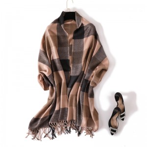 WENZHE Winter Tassel Fringe Geometric Plaid Shawl Cardigan Women Warm Casual Autumn Long Cape Scarf