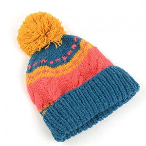 WENZHE Simple Multicolor Knit Pompom Winter Cuffed Beanie Hat for Women