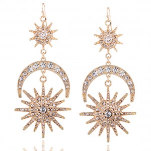 Fashion Gold Plating Alloy Rhinestone Sun Moon Shaped Tassel Drop Earrings