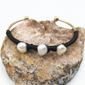 Newest Design Gold Plated Pearl Black Rope Wire Wrap Cuff Bracelet