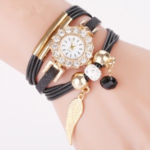 Best Quality Fashion 3 Circles Wrap lady leaf pendant bracelet watch Quartz Watch