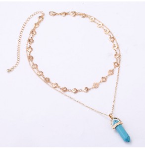 Latest Arrival Women Double Layered Gold Chain Turquoise Pendant Choker Necklace