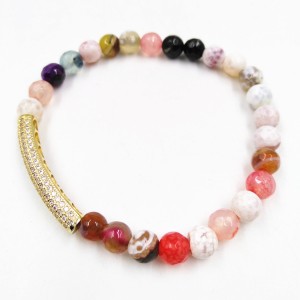 Handmade Gold Crystal Inset Beads Multicolor Natural Agate Stone Beads Bracelet