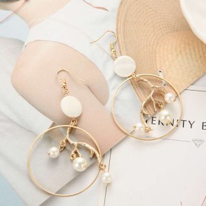 Fashion gold geometric big hoop inner branch dangle pearl earrings