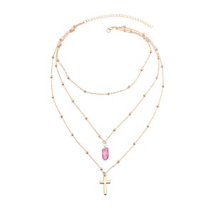 Fashion Multilayer Natural Crystal Stone Gold Cross Necklace Wholesale