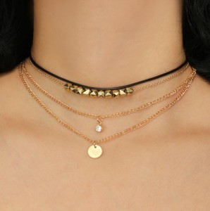 Personality Multi Layer Gold Chain Crystal Charm Simple Choker Necklace