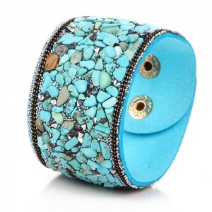 New punk wide leather bracelets natural crystal gravel multicolor bracelet Paris fashion model show bracelet