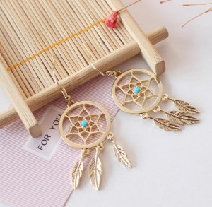 Gold plated jewelry ladies fashion feather dreamcatcher drop earrings