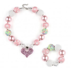 Unique gift ideas bubble bead chunky necklace set kids heart charm fashion jewelry sets