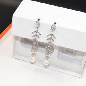 Full crystal fish bones shape long silver earring designs pearl jewelry