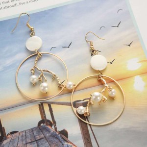 Fashion gold geometric big hoop inner branch dangle pearl earrings