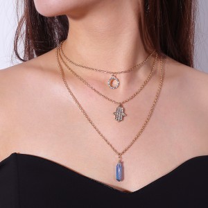 Fashion Gold Plated Crystal Natural Stone Hand Pendant Multilayer Chain Choker Necklace