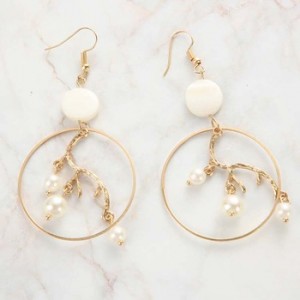 Fashion gold geometric big hoop inner branch dangle pearl earrings