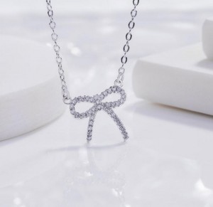 Factory Price Jewelry Silver CZ Pave Mini Ribbon Bow Necklace Valentine Gift