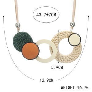 New Handmade Geometric Straw Weave Rattan Weave Wooden Statement Necklace For Women