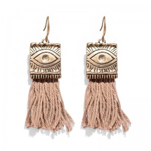Latest fashion gold metal round ring earrings long cotton thread tassel hanging drop earrings for women girls