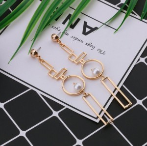 Gold 24k jewelry design hollow geometry pearl long earrings for women