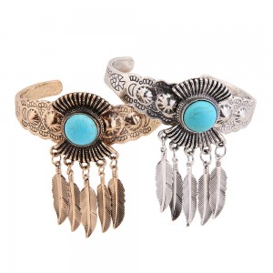 WENZHE New Design Antique Silver Turquoise Cuff Bracelets Leaves Tassel Bangle Popular Jewelry
