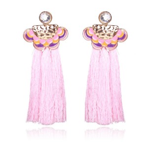 Latest New Trendy Fashion Jewelry Crystal Stud Pink Rope Silk Tassel Earrings