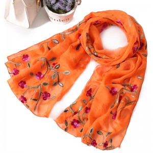 WENZHE 170*75cm Women Lightweight Pure color Embroidered Flower Scarf Chiffon Shawl