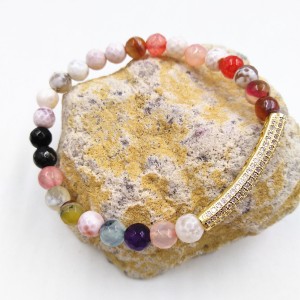 Handmade Gold Crystal Inset Beads Multicolor Natural Agate Stone Beads Bracelet