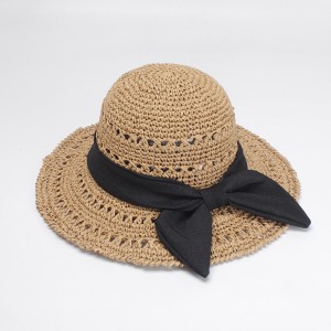 WENZHE Handmade Wide Brim Straw Hat With Big Black Bow