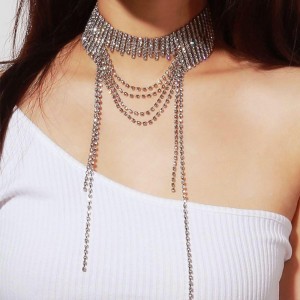 Hot Sale Lady Style Ablaze Drill Chain Tassel Multilayer Statement Choker Necklace