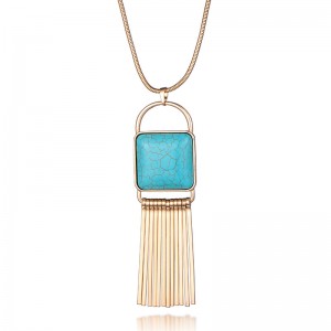 Fashion Ethnic Style Gold Plated Turquoise Tassel Pendant Long Chain Necklace