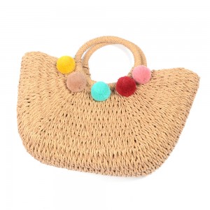 WENZHE Wholesale Straw Bags for Summer with Colorful Pompom Balls Straw Beach Bag