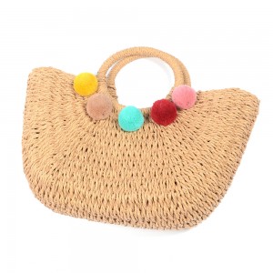 WENZHE Wholesale Straw Bags for Summer with Colorful Pompom Balls Straw Beach Bag
