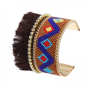 Fashion Jewelry Bohemian Style Irregular Geometric Patterns Tassel Seed Beads Boho Cuff Bracelet