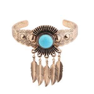 WENZHE New Design Antique Silver Turquoise Cuff Bracelets Leaves Tassel Bangle Popular Jewelry