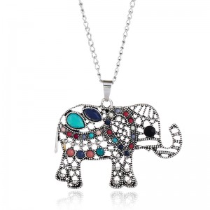 WENZHE Retro Hollow Gem Elephant Pendant Necklace Long Chain Necklace for Women