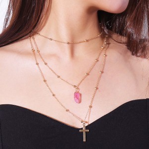 Fashion Multilayer Natural Crystal Stone Gold Cross Necklace Wholesale