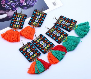 Vintage boho ethnic style embroidery thread green tassel earring for women