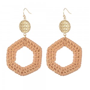 WENZHE New Handmade Geometric Wooden Straw Weave Rattan Earring Gold Metal Drop Earrings For Women