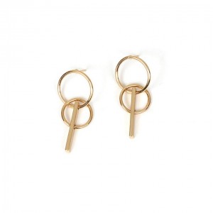 Golden earring with double circles and bar girl gift simple geometric earring