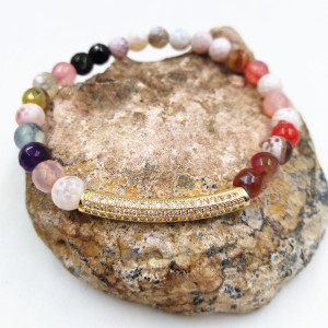 Handmade Gold Crystal Inset Beads Multicolor Natural Agate Stone Beads Bracelet