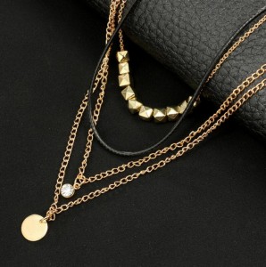 Personality Multi Layer Gold Chain Crystal Charm Simple Choker Necklace