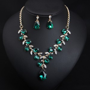 Crystal wedding gift Gem Leaf Necklace Earring Set jewelry set for ladies