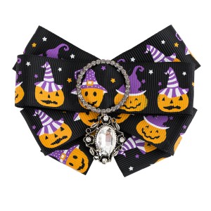 WENZHE Pumpkin Printed Ribbon Halloween Party Costume Decorations Crystal Rhinestone Bow Brooches