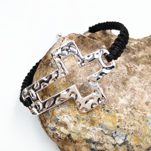 Newest Hollow Silver Plated Cross Black Handmade Braided Cord Adjustable Bracelet For Men Women