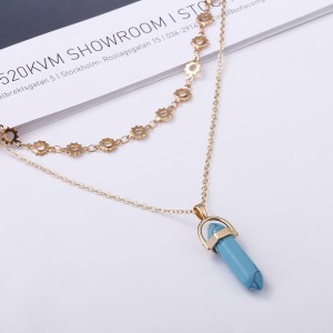 Latest Arrival Women Double Layered Gold Chain Turquoise Pendant Choker Necklace