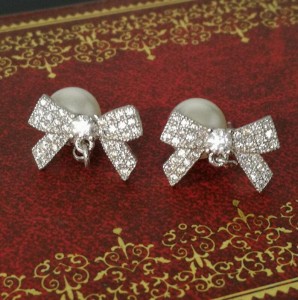 Exquisite Wedding Decoration 925 Sterling Silver Zircon Bowknot Pearl Earring