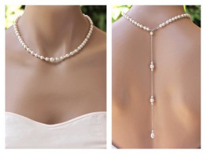 Pearl Back Drop Necklace Simple Long Diamond-Studded Pearl Bridal Pendant Necklace