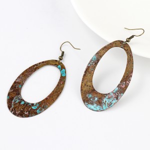 Vintage Copper Blue Patina Oval Hollow Dangle Earring