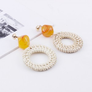 Korean Style Statement Handmade Jewelry Rattan Circle Resin Drop Earrings