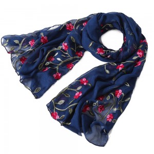 WENZHE 170*75cm Women Lightweight Pure color Embroidered Flower Scarf Chiffon Shawl