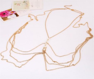Girls Multi Layer Pearl Tassel Jewelry Bikini Swimwear Accessory Body Chain Dress
